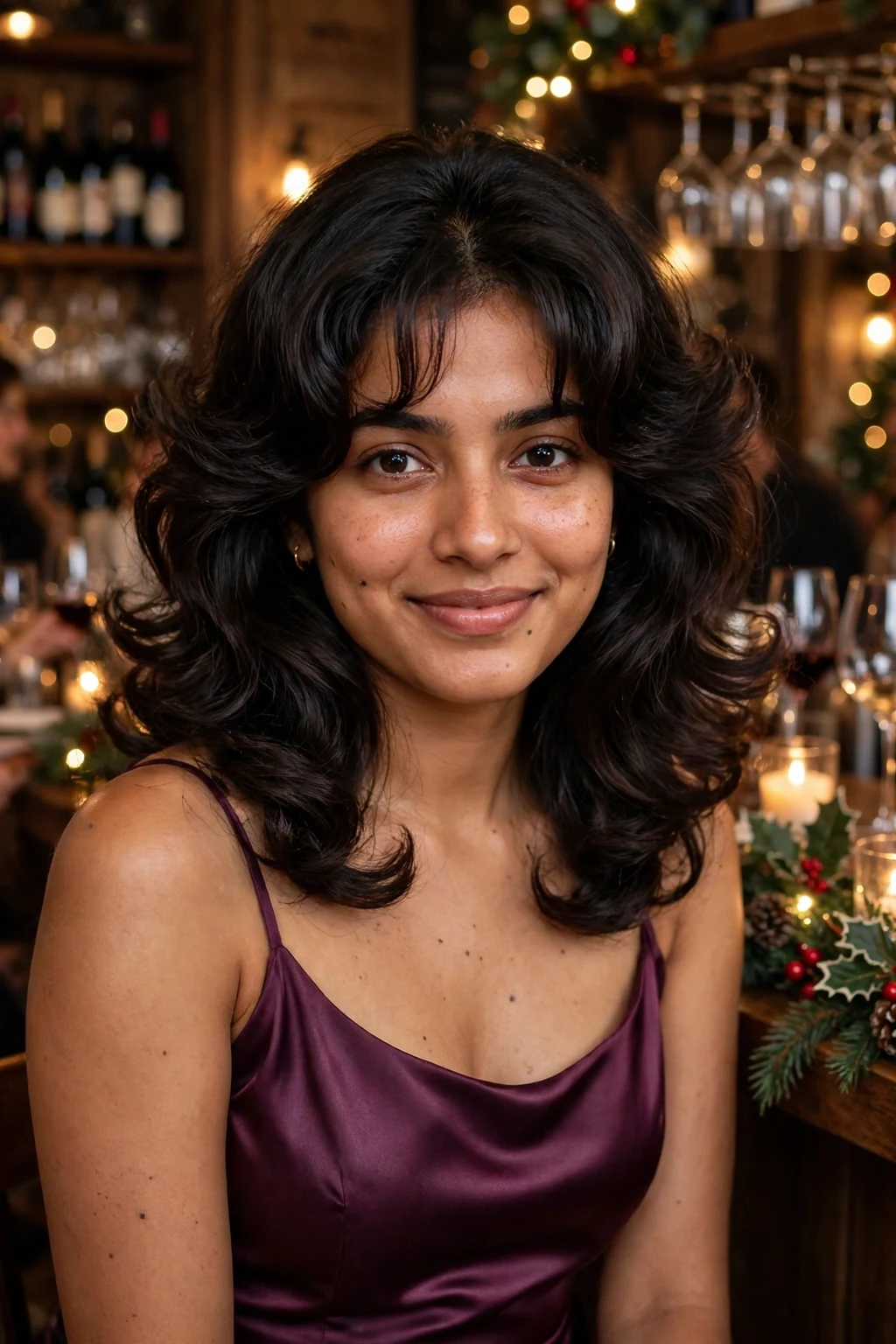 A young woman with a bouncy blowout and curtain bangs at a holiday party, wearing a plum satin dress.