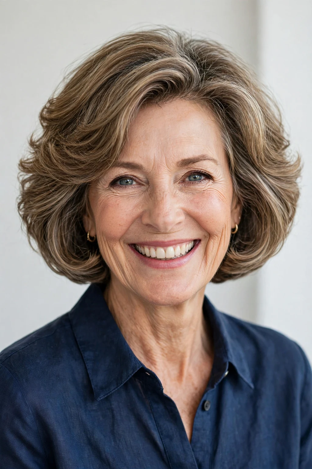 Elegant woman over 50 with bouncy bob, lively full texture, joyful light.