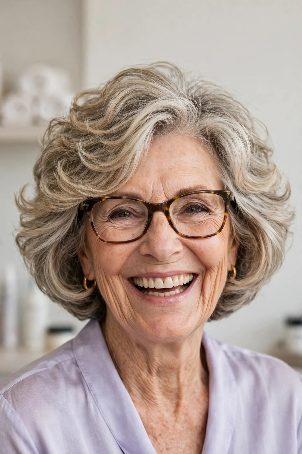 Elegant woman over 60 with glasses and bouncy bob, lively full texture, joyful light.