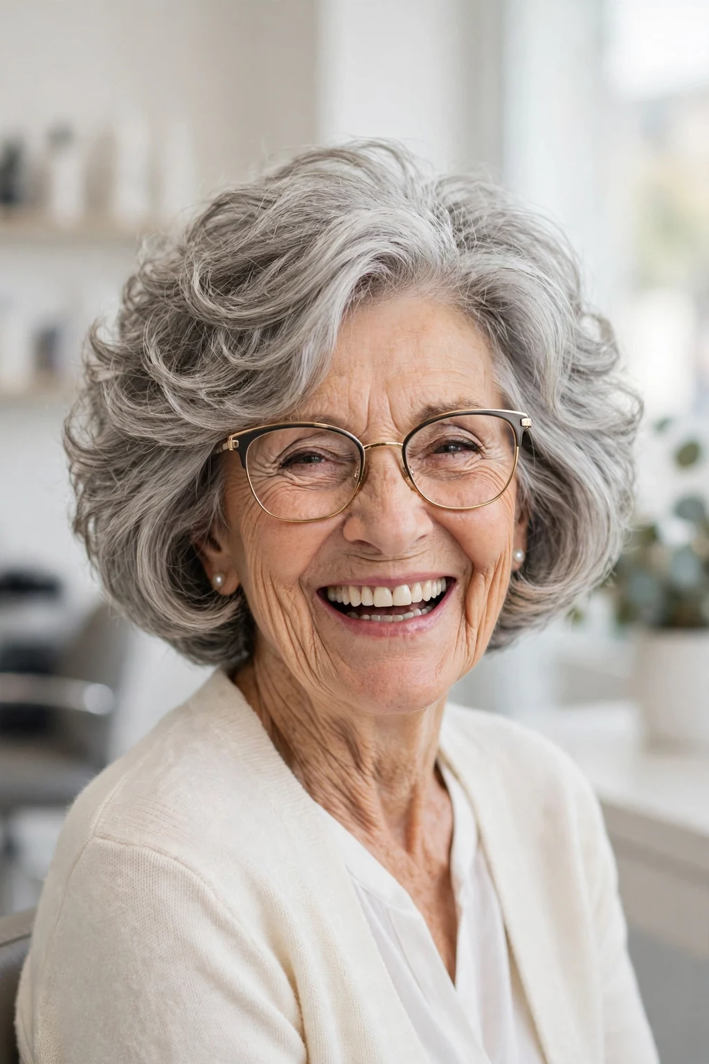 Elegant woman over 70 with glasses and bouncy bob, lively full texture, joyful light.