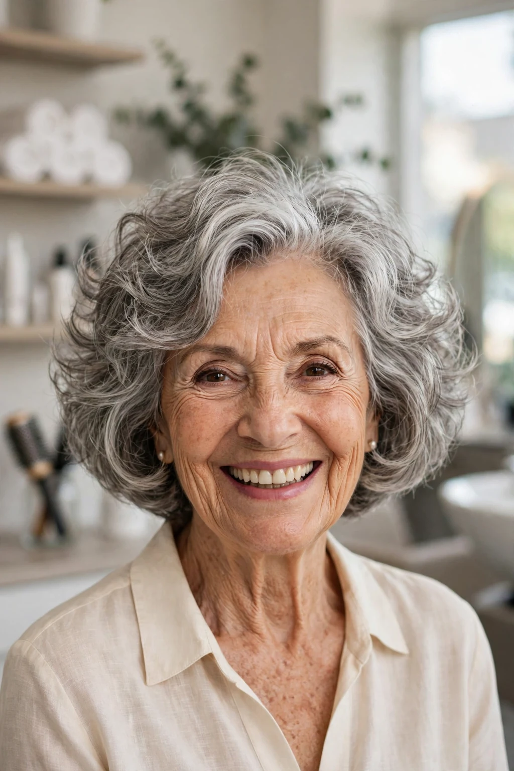 Elegant woman over 70 with bouncy bob, lively full texture, joyful light.