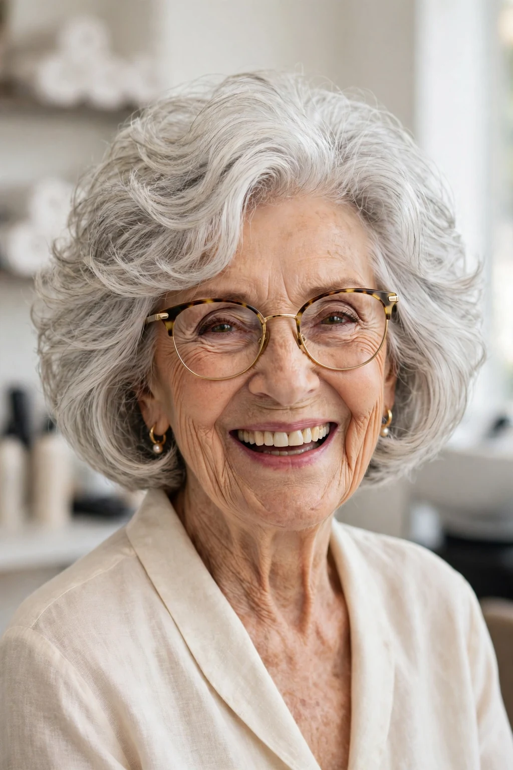 Elegant woman over 80 with glasses and bouncy bob, lively full texture, joyful light.
