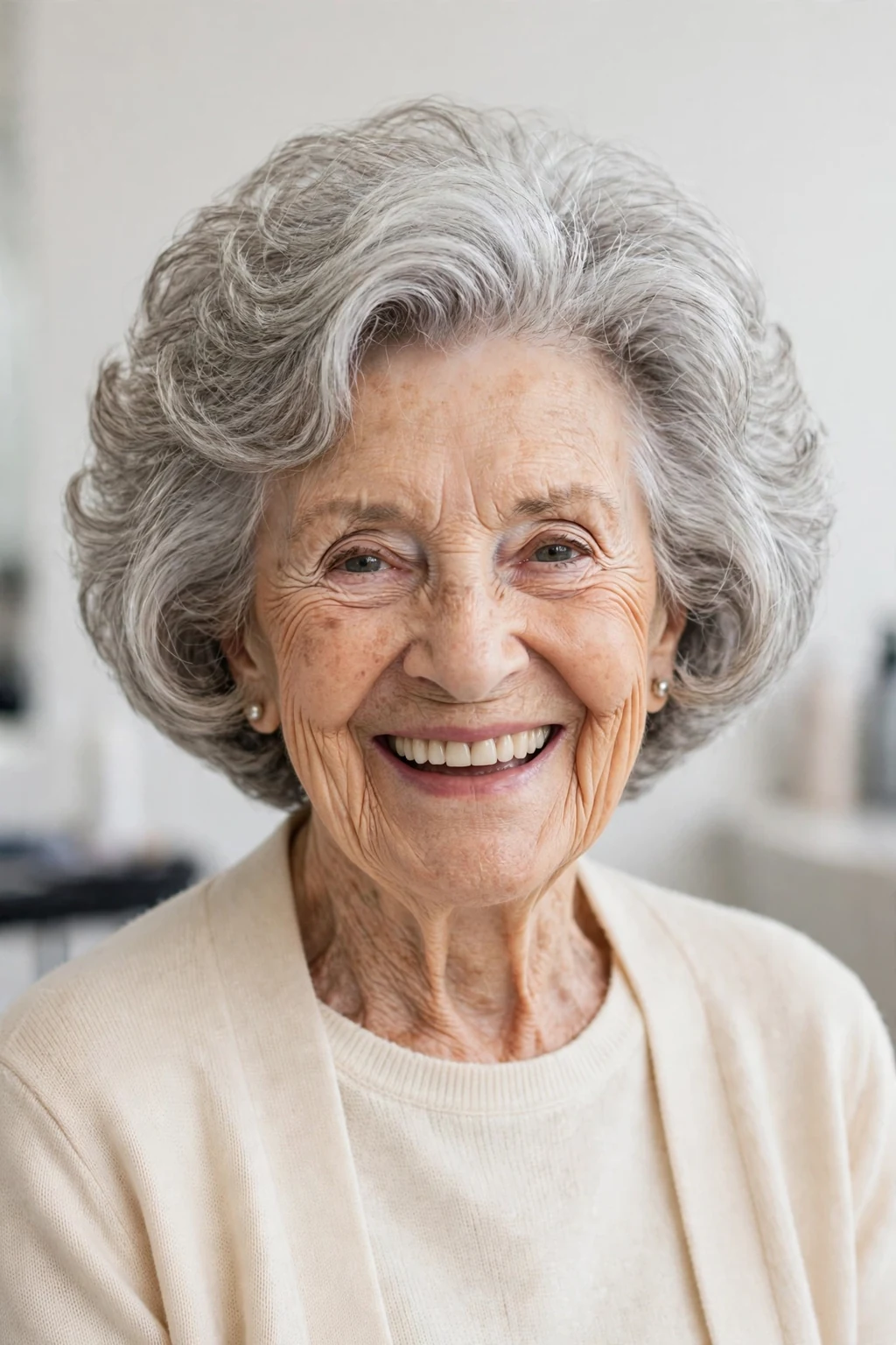Elegant woman over 80 with bouncy bob, lively full texture, joyful light.