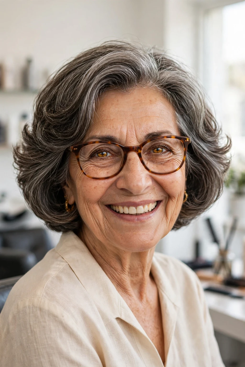 Elegant woman over 50 with fine hair and glasses and bouncy bob, soft full texture, joyful light.
