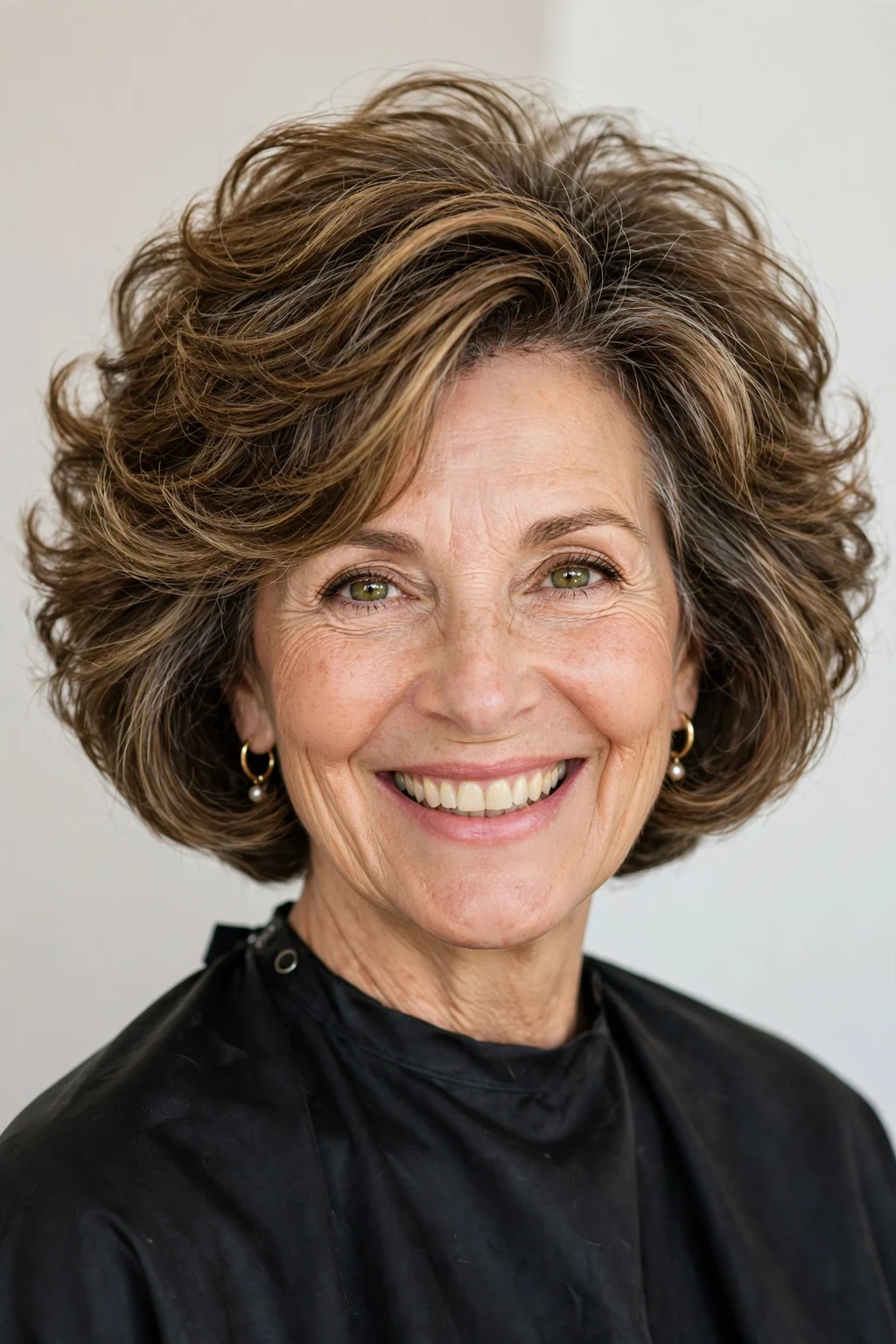 Elegant woman over 50 with bouncy bob, lively full texture, joyful light.