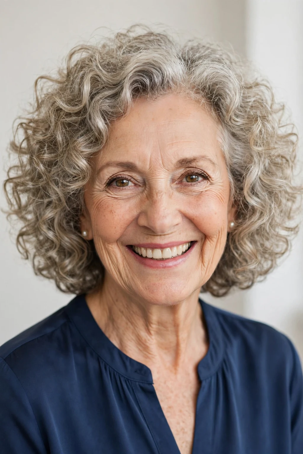 Elegant woman over 60 with bouncy chin-length curls, lively full curls, joyful light.