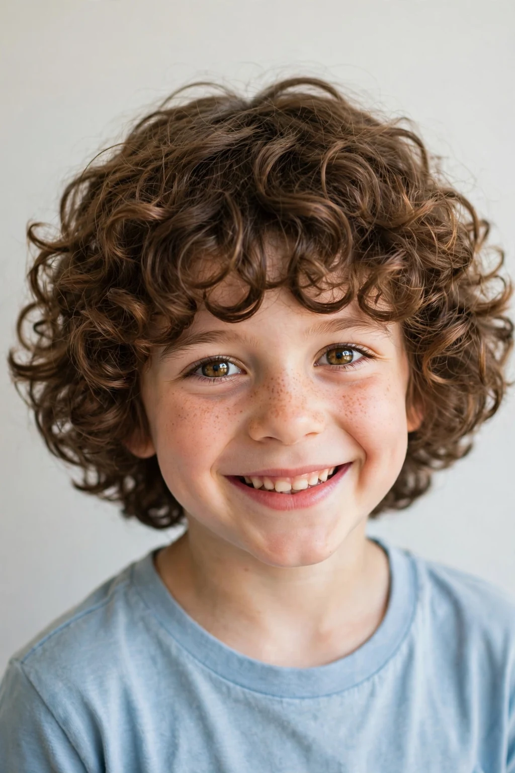 Cheerful boy with a bouncy curly bob, chin-length curls with volume, joyful bright light.