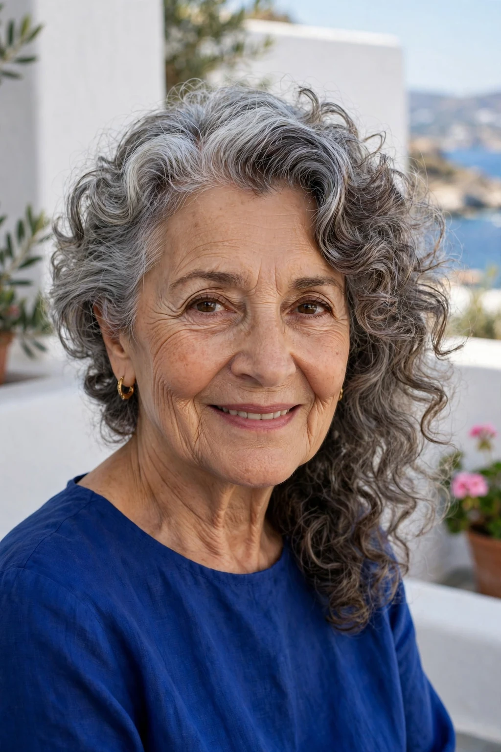 A warm Greek woman in her 70s with a bouncy curly cut with side part, wearing a royal blue dress, on a seaside terrace.