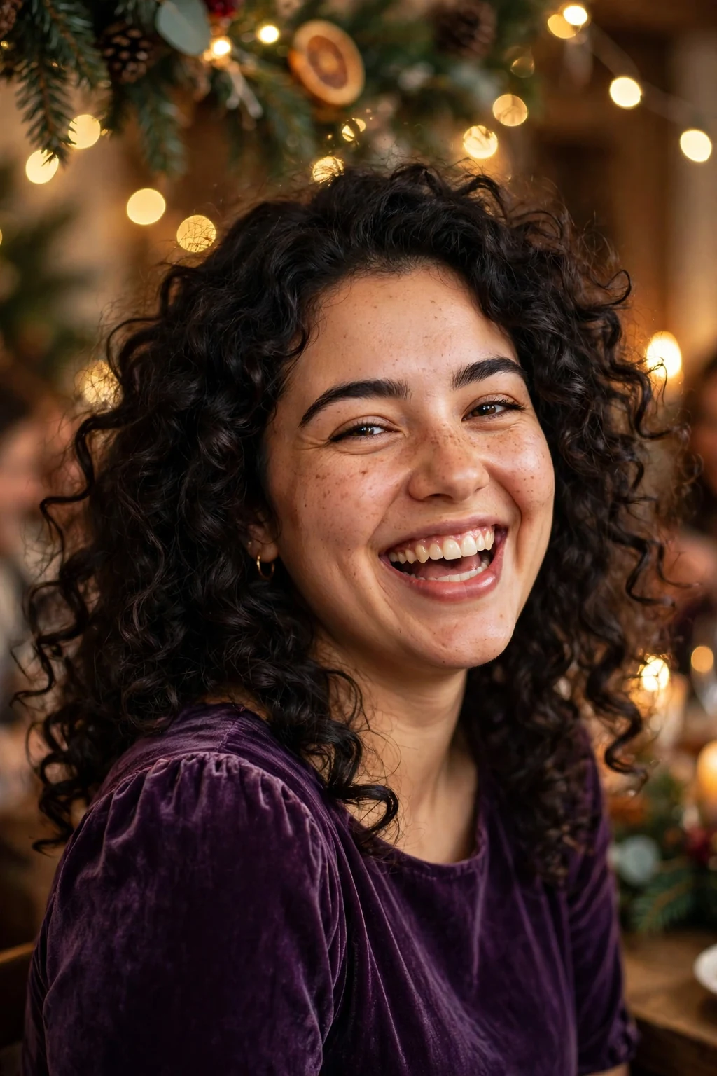 Young woman with bouncy curly party curls, wearing a purple velvet dress at a joyful holiday gathering.