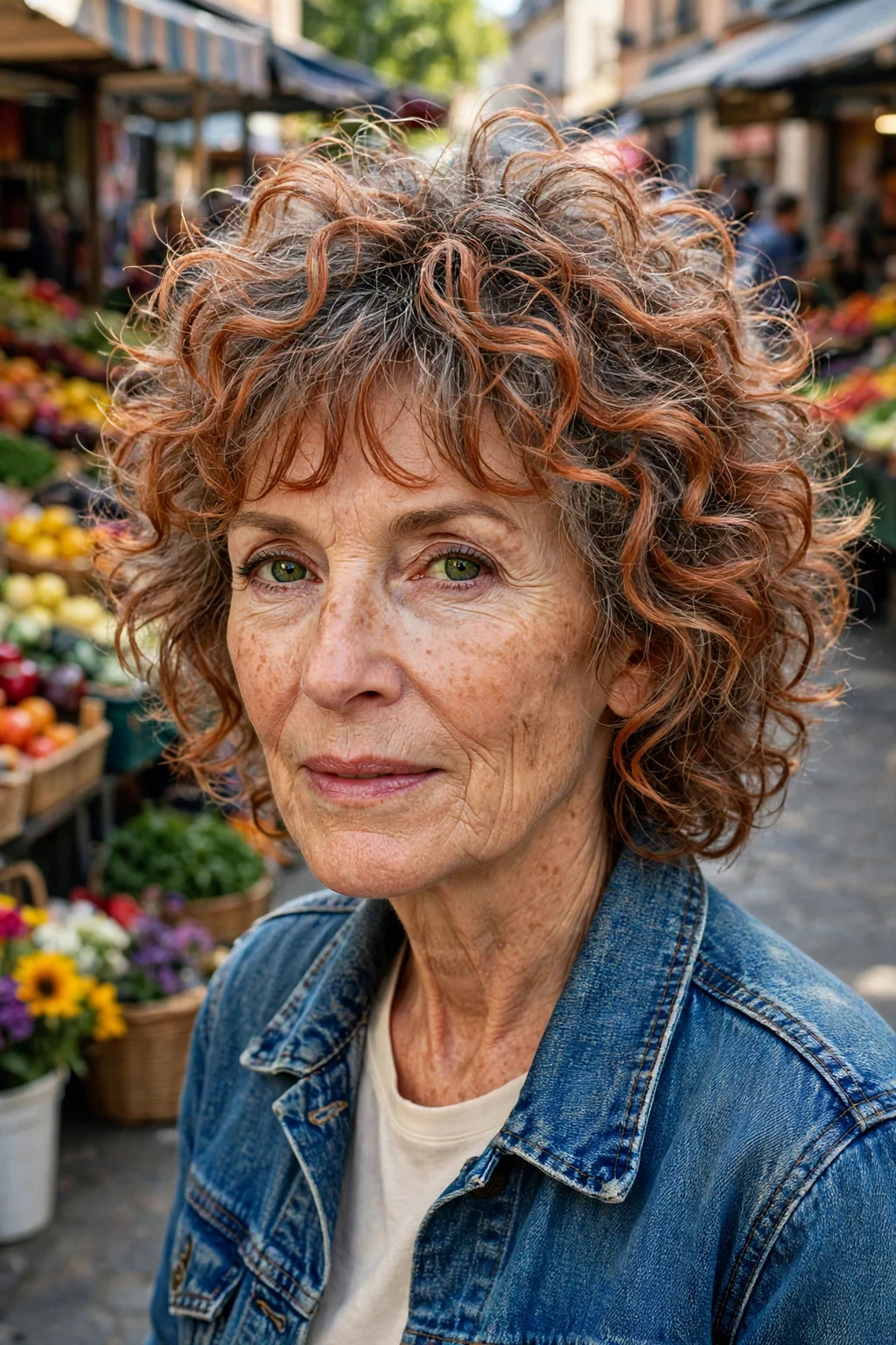 A woman in her late 60s with a bouncy curly shag in copper-gray curls, wearing a denim jacket in a colorful street market.