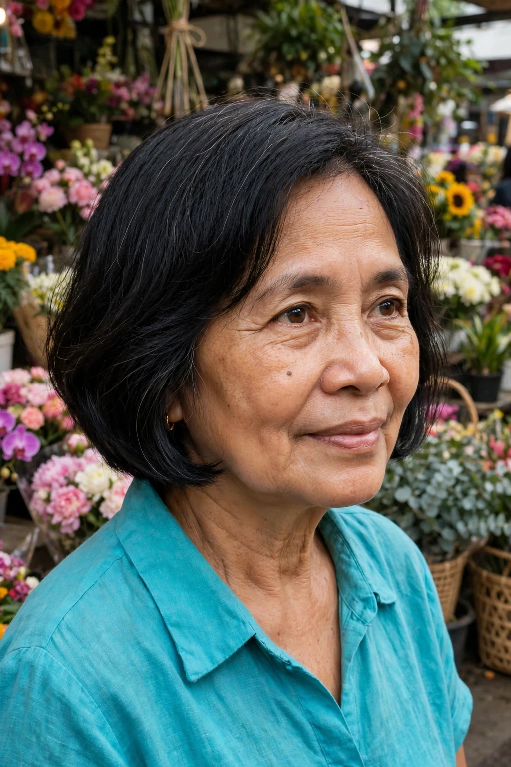 Mature woman over 50 with a bouncy jaw-length bob haircut for fine thin hair, styled and full of volume.