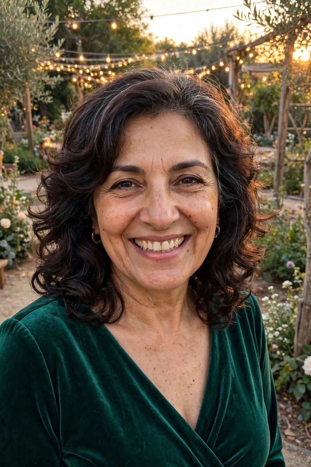 Mature Middle Eastern woman in her late fifties with a bouncy layered haircut, wearing an emerald dress in a wedding venue garden.
