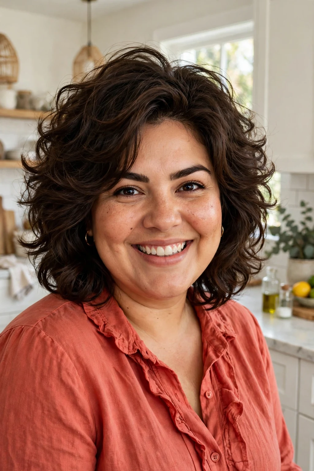 Plus-size Hispanic woman in her thirties with a bouncy layered mid-length cut, wearing a coral blouse in a bright kitchen.