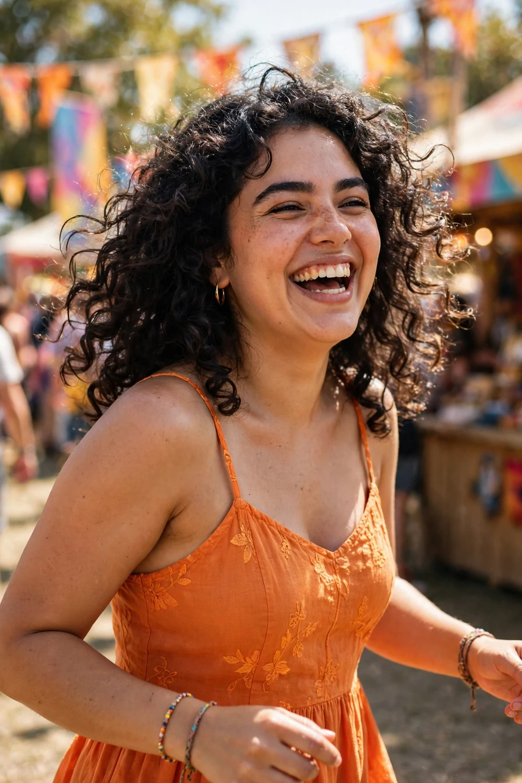 Young woman with bouncy medium layers, dancing at an outdoor festival wearing a orange sundress.