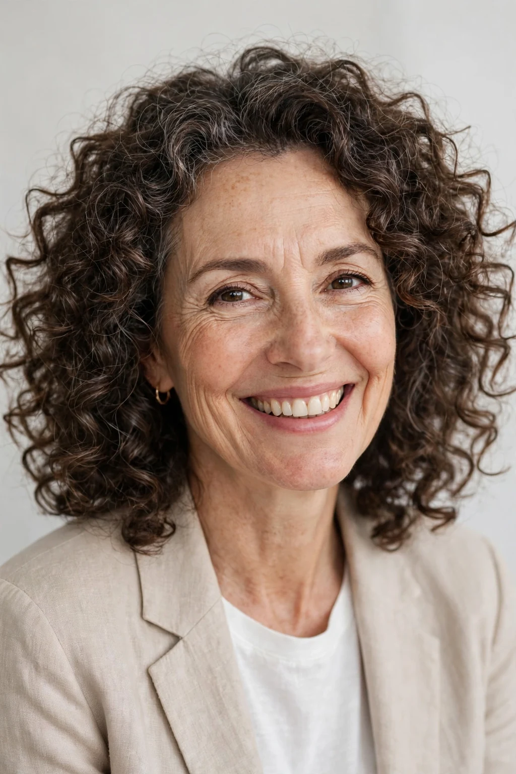 Elegant woman over 50 with bouncy medium curls, joyful full curls, bright light.