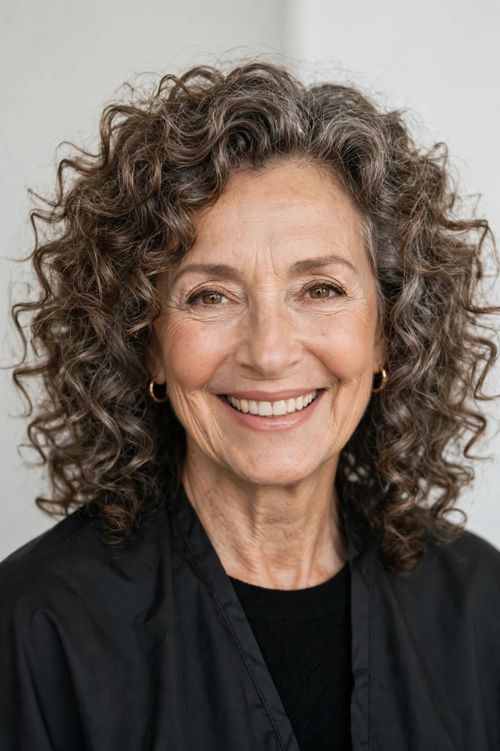 Elegant woman over 60 with bouncy medium curls, joyful full curls, bright light.