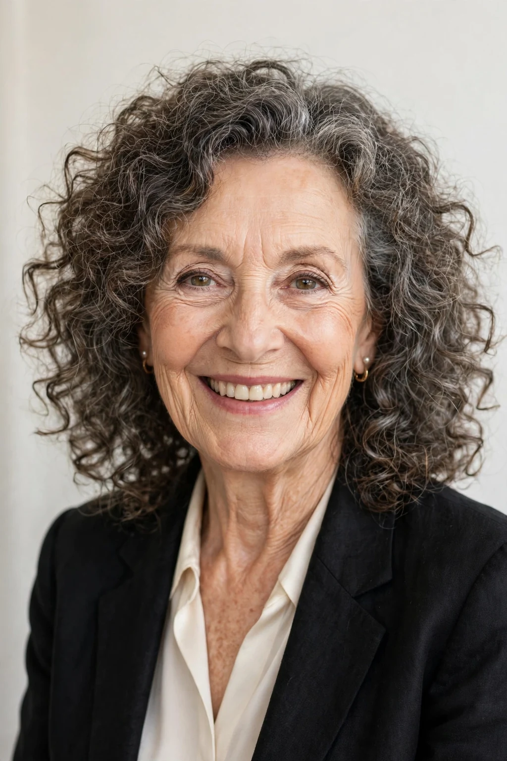 Elegant woman over 70 with bouncy medium curls, joyful full curls, bright light.