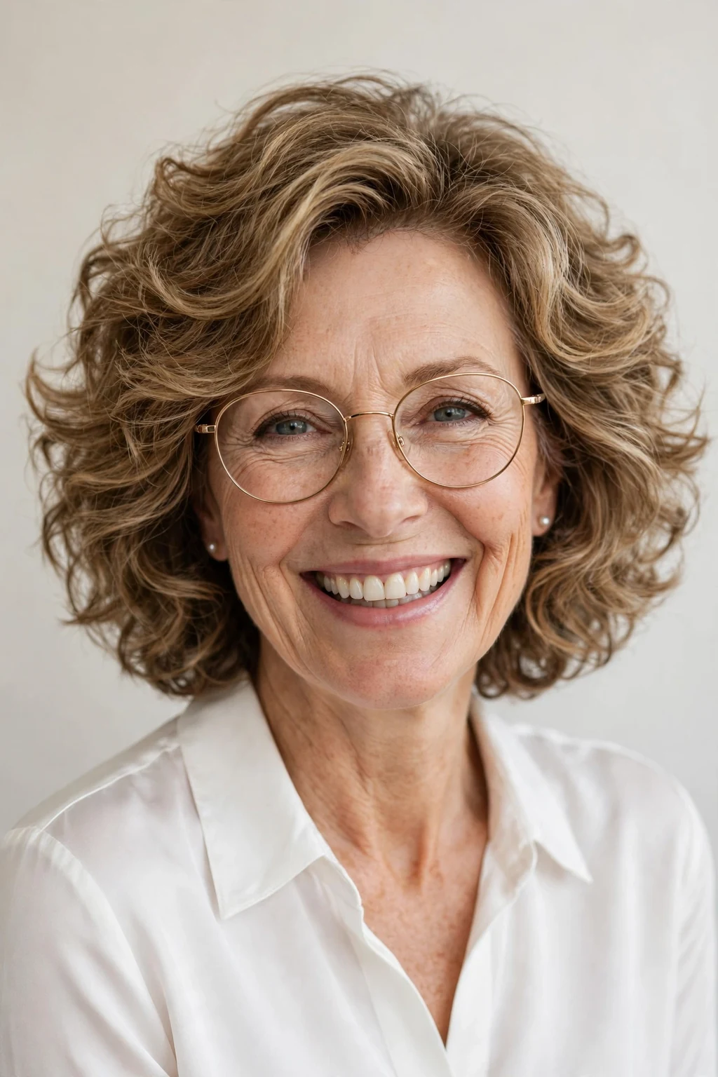 Elegant woman over 50 with glasses and bouncy medium cut, soft full texture, joyful light.