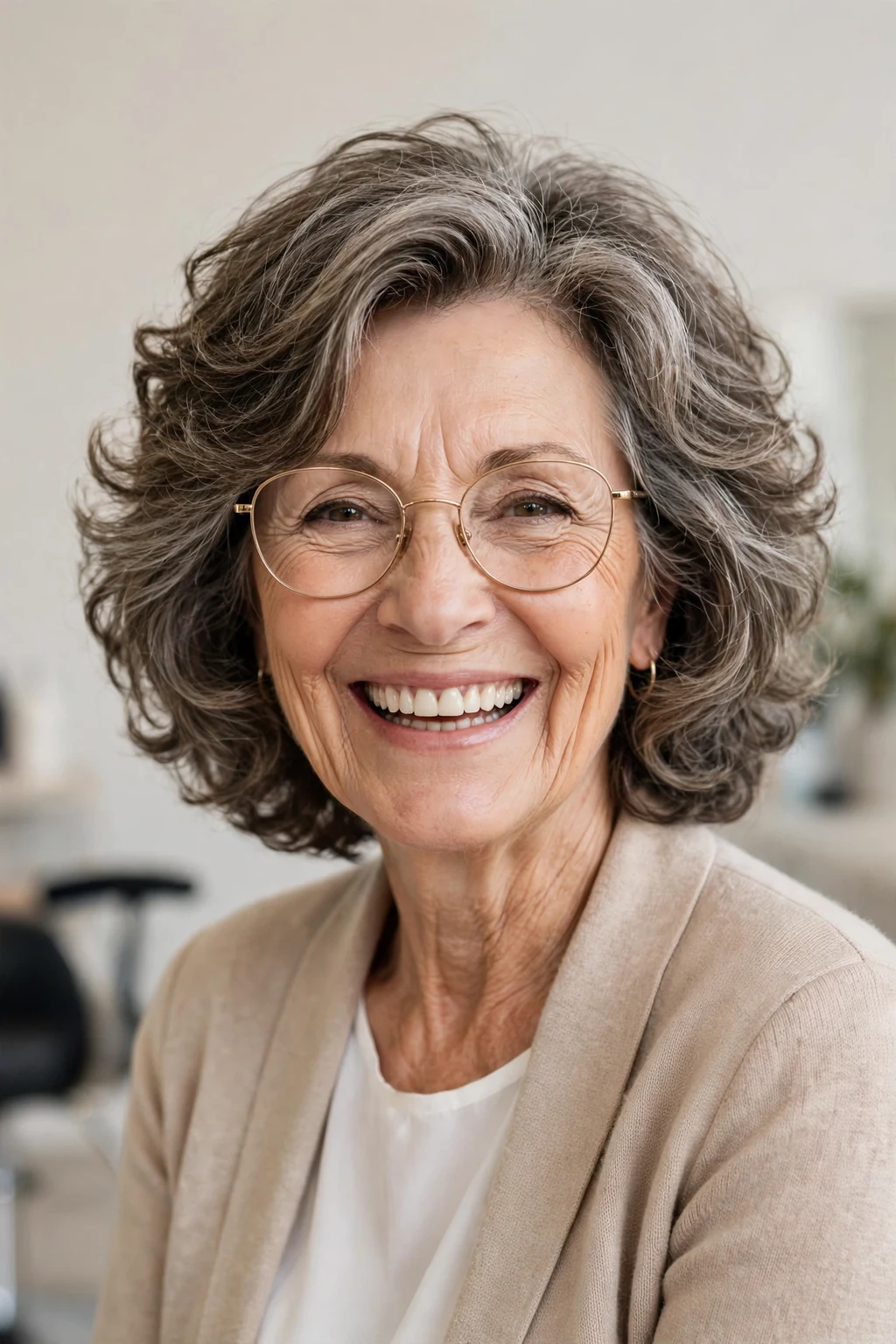 Elegant woman over 60 with glasses and bouncy medium cut, soft full texture, joyful light.