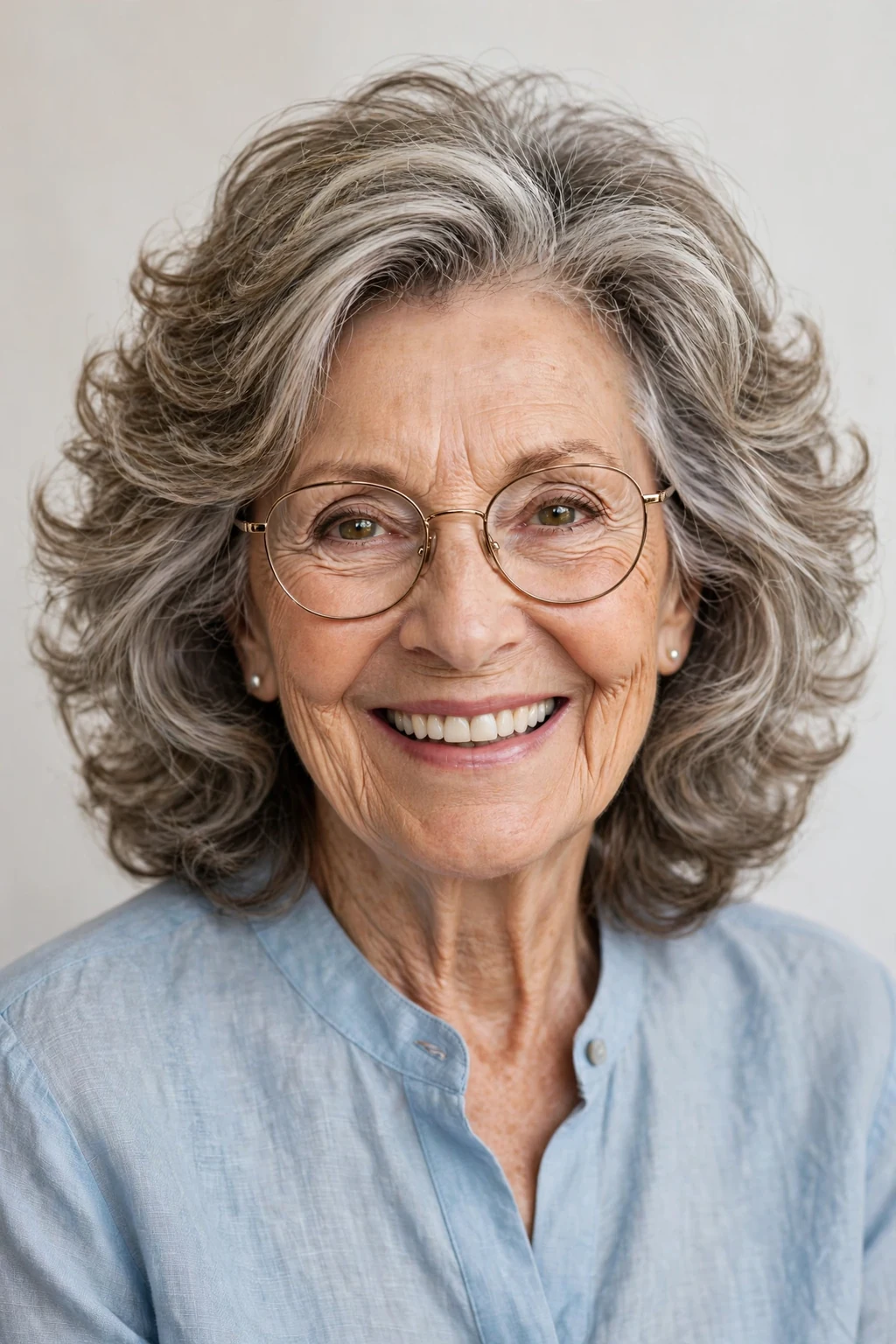 Elegant woman over 70 with glasses and bouncy medium cut, soft full texture, joyful light.