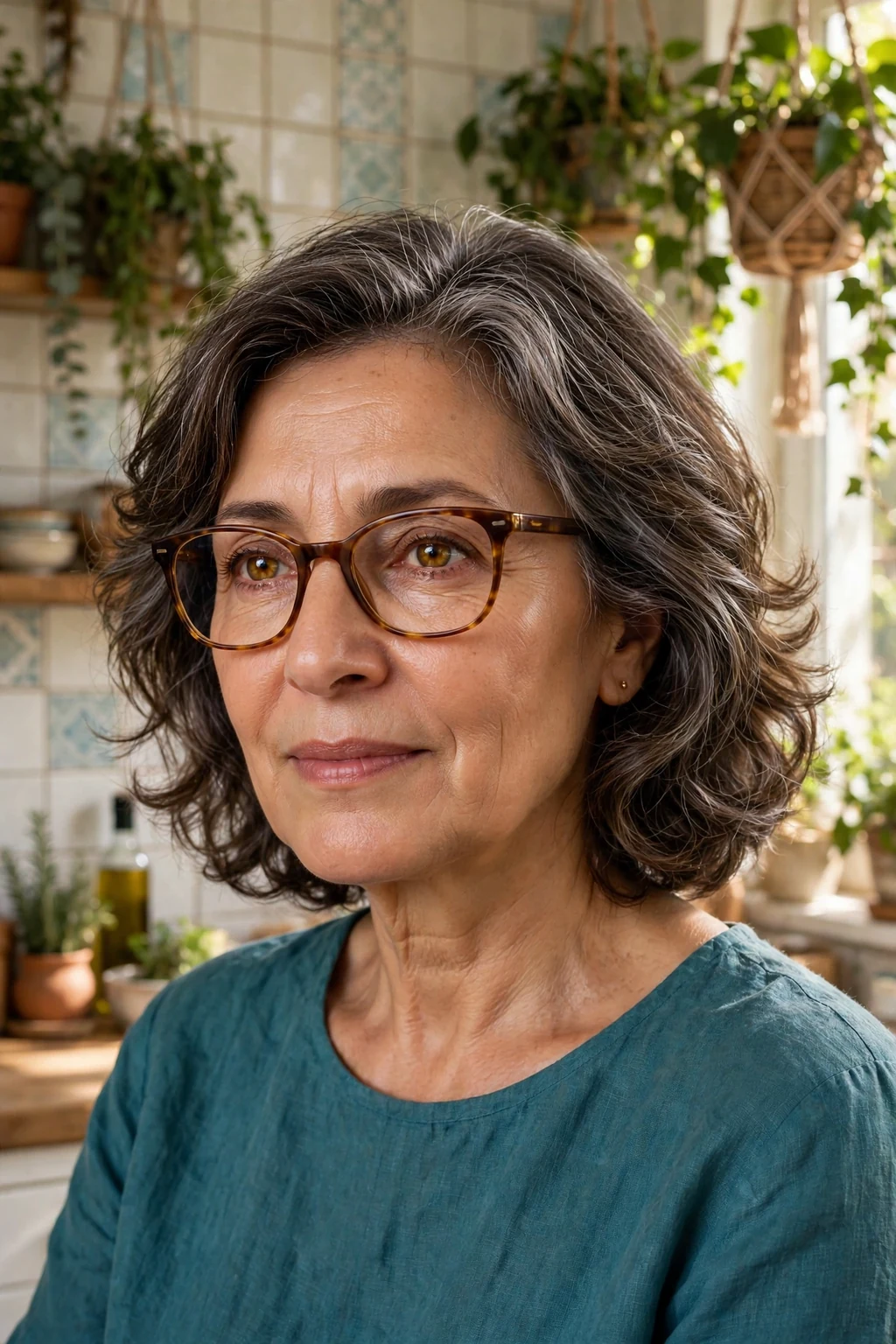 Elegant older woman over 50 with fine hair and glasses and bouncy medium cut, soft full texture, joyful light.