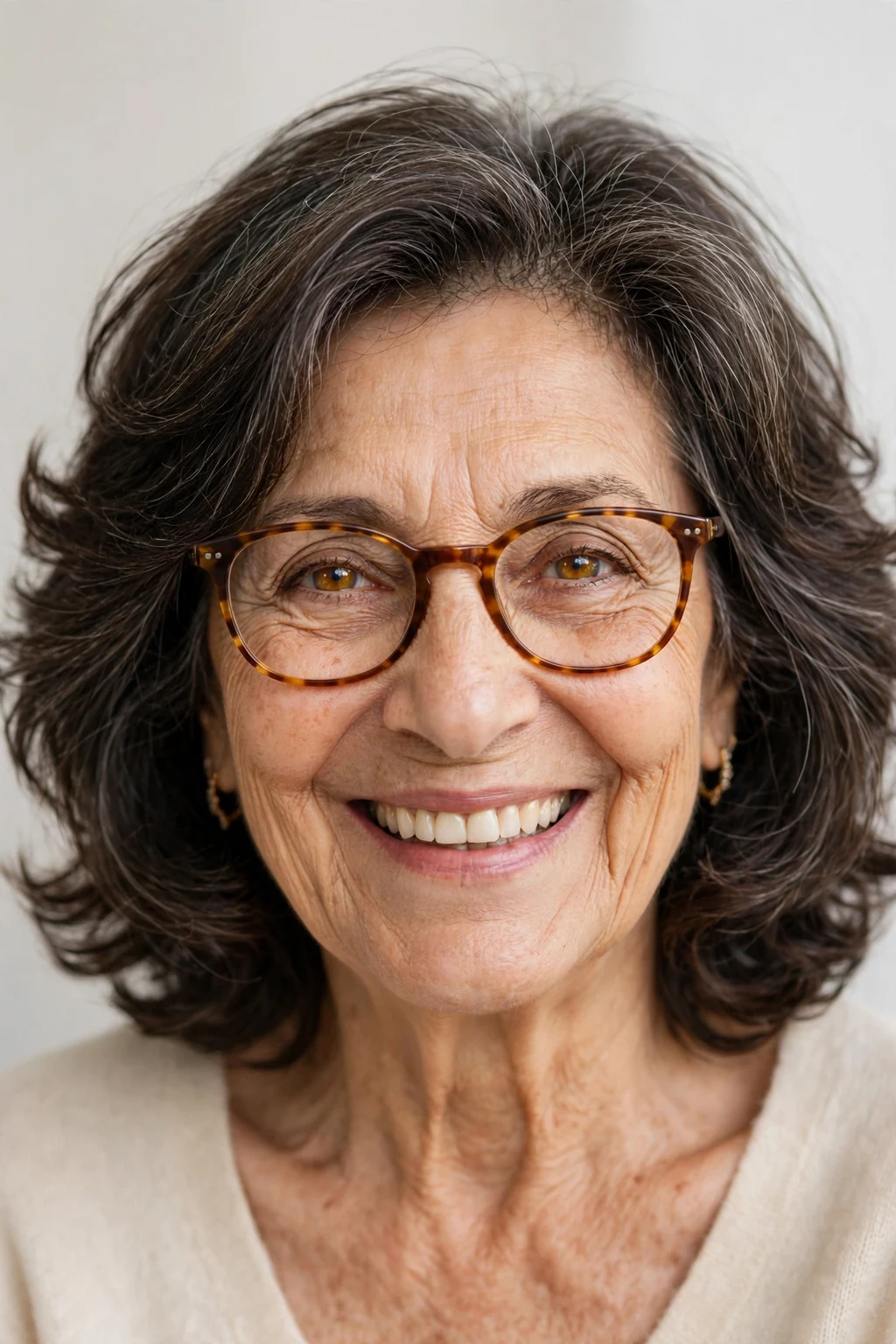 Elegant woman over 60 with fine hair and glasses and bouncy medium cut, soft full texture, joyful light.