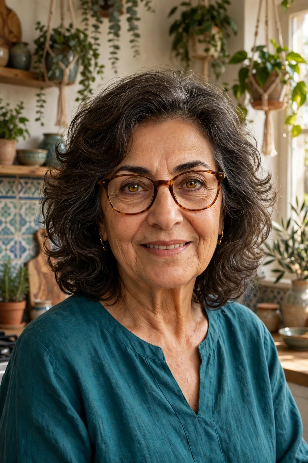 Elegant woman over 60 with fine hair and glasses and bouncy medium cut, soft full texture, joyful light.