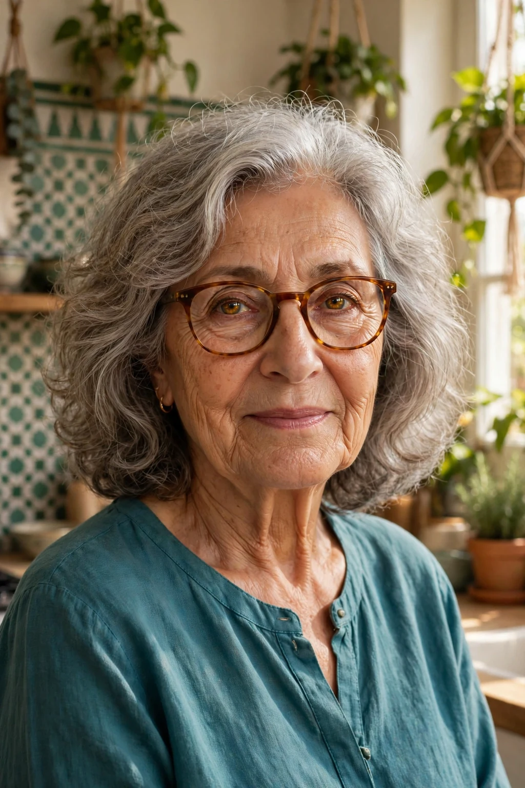 Elegant older woman over 70 with fine hair and glasses and bouncy medium cut, soft full texture, joyful light.