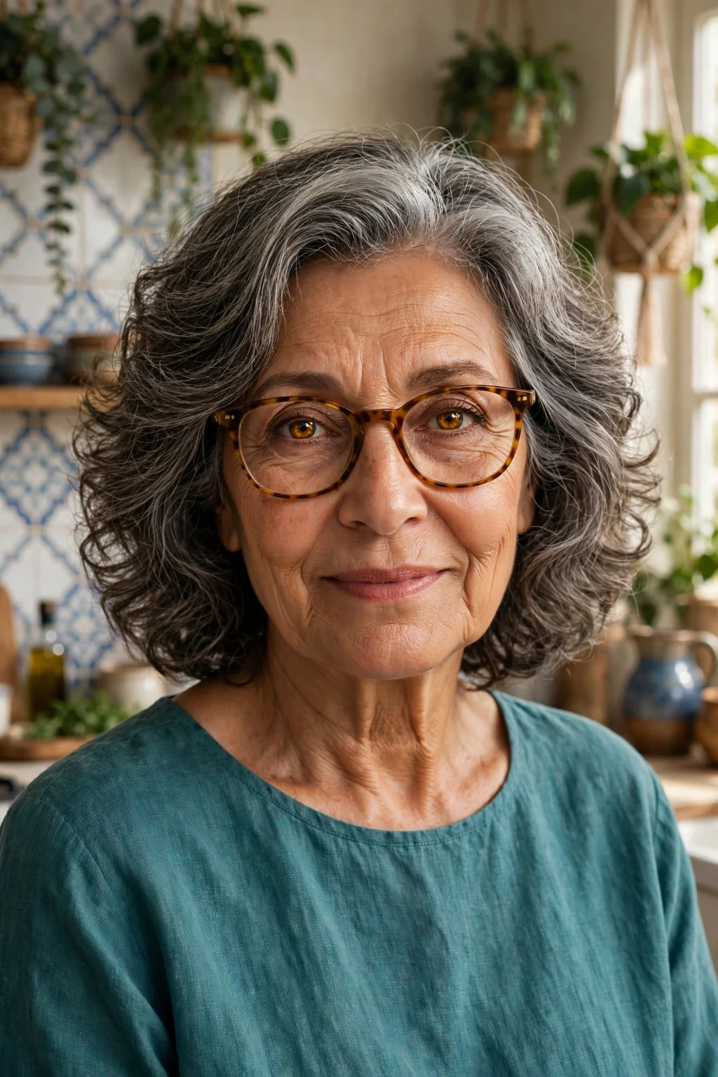 Elegant woman over 60 with fine hair and glasses and bouncy medium cut, soft full texture, joyful light.