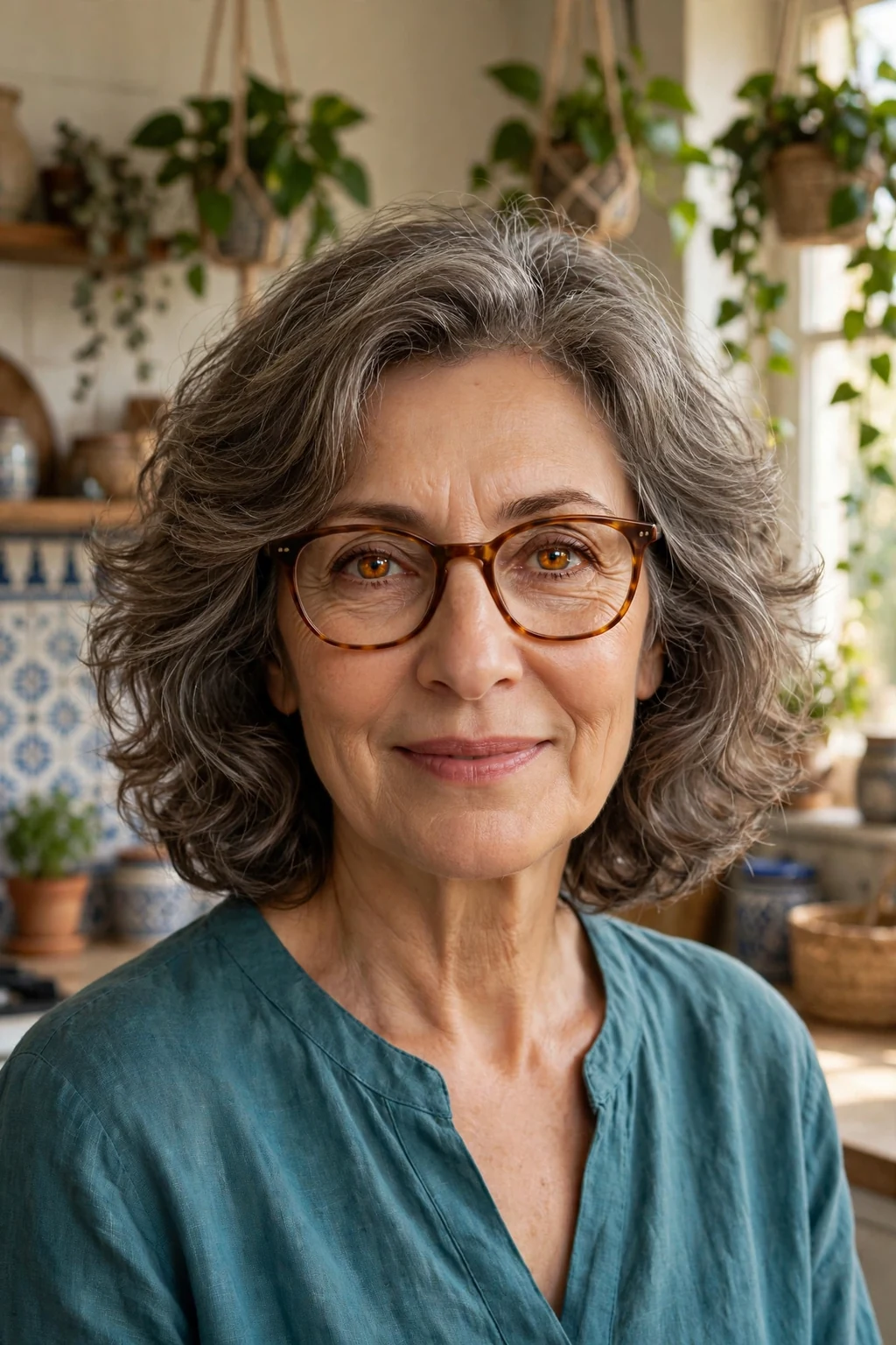 Elegant woman over 60 with fine hair and glasses and bouncy medium cut, soft full texture, joyful light.