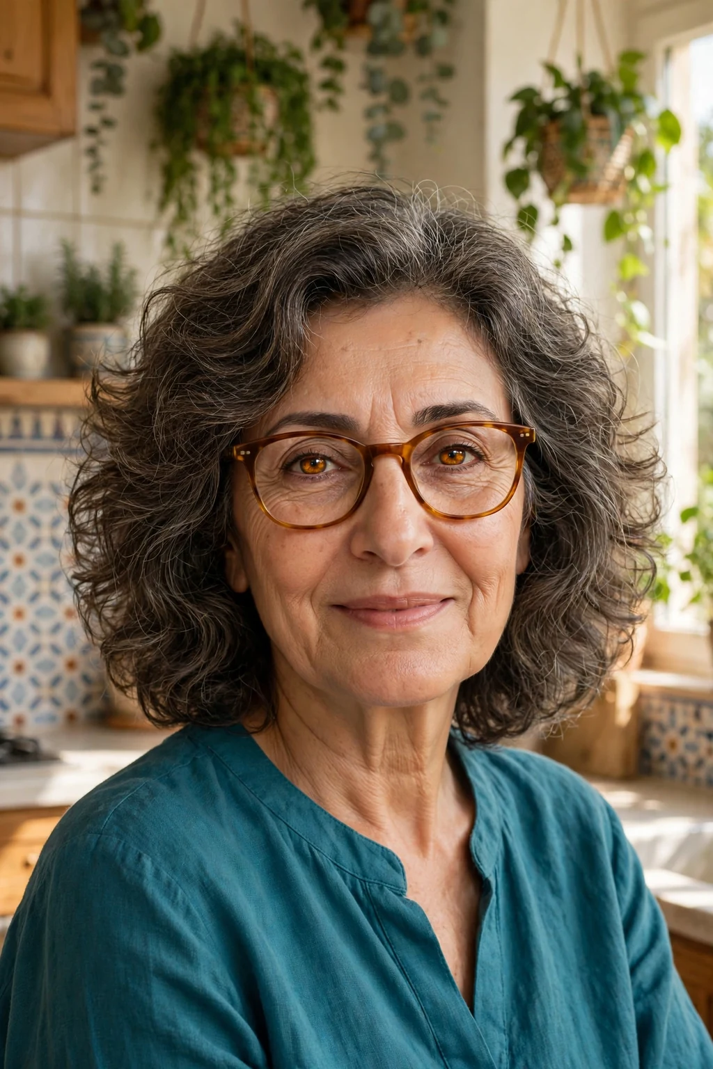 Elegant older woman with fine hair and glasses and bouncy medium cut, soft full texture, joyful light.
