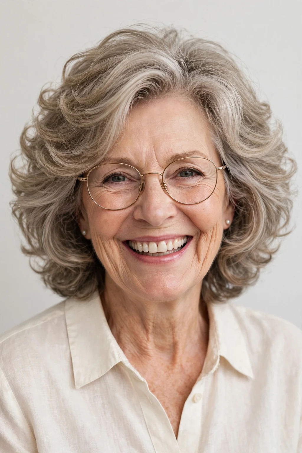 Elegant older woman with glasses and bouncy medium cut, soft full texture, joyful light.