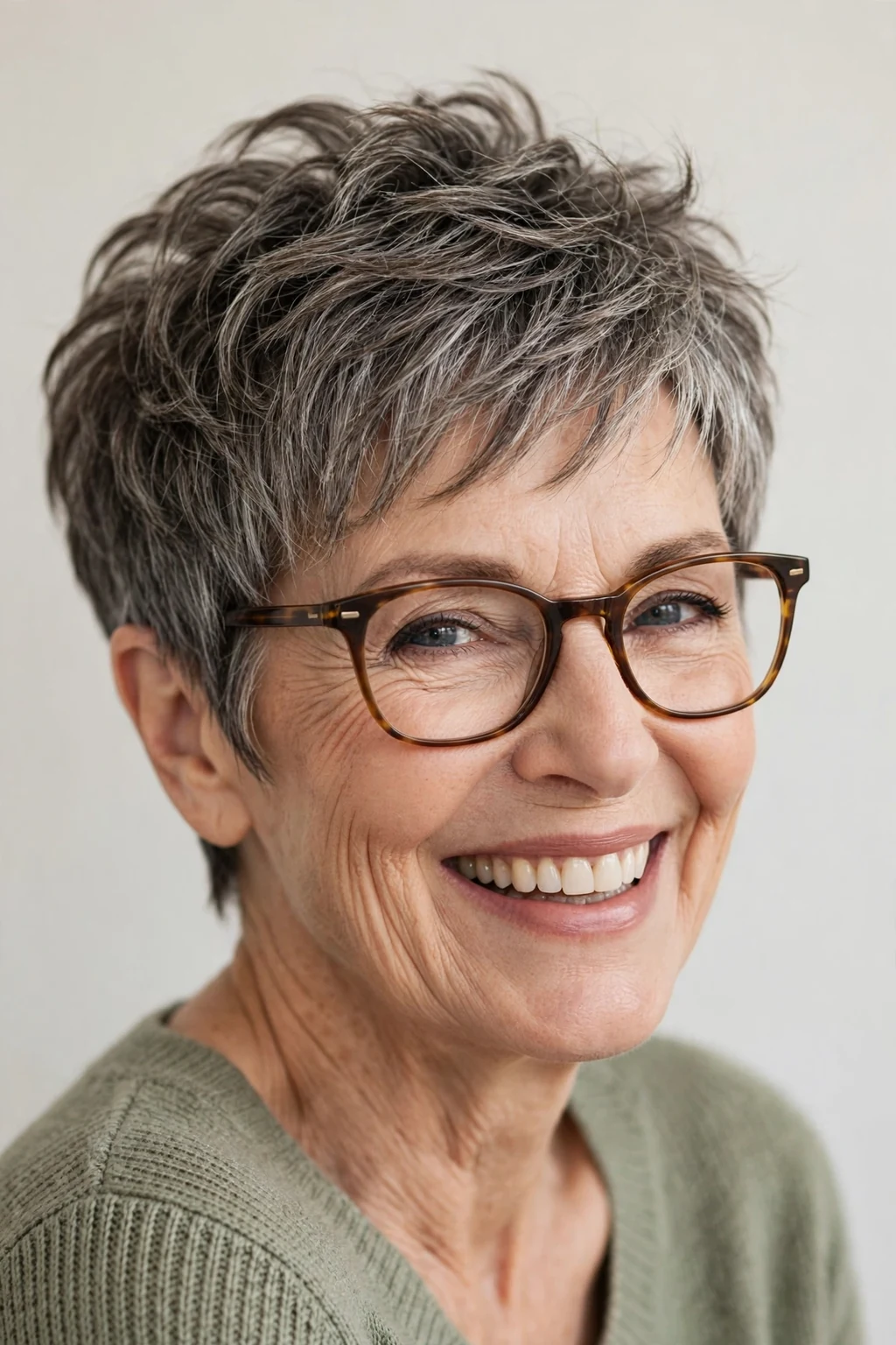 Elegant woman over 60 with glasses and bouncy pixie, lively full texture, joyful light.