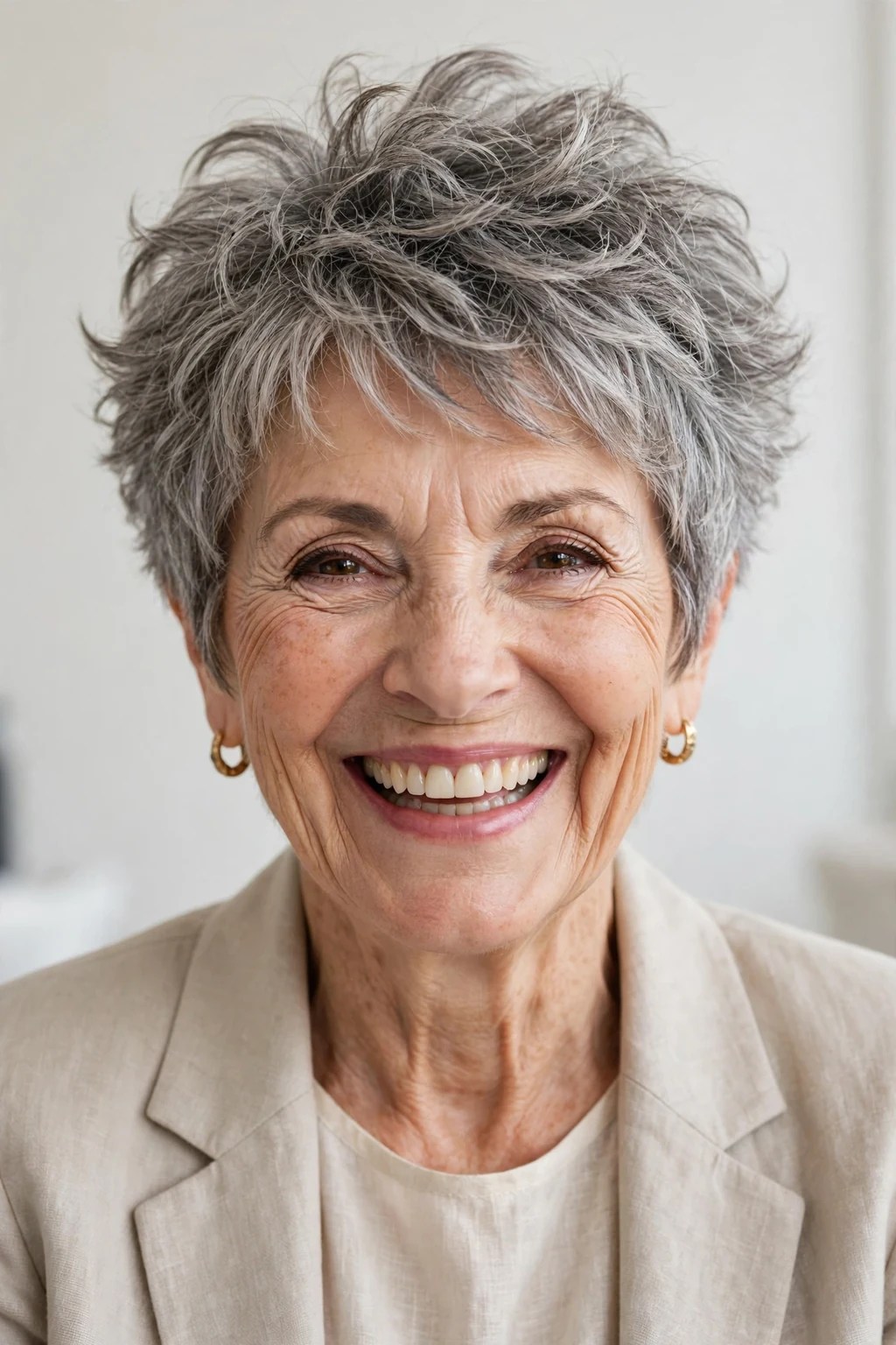 Elegant woman over 60 with bouncy pixie, lively full texture, joyful light.