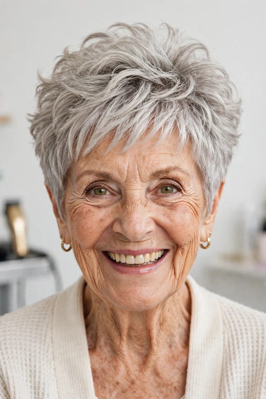 Elegant woman over 70 with bouncy pixie, lively full texture, joyful light.