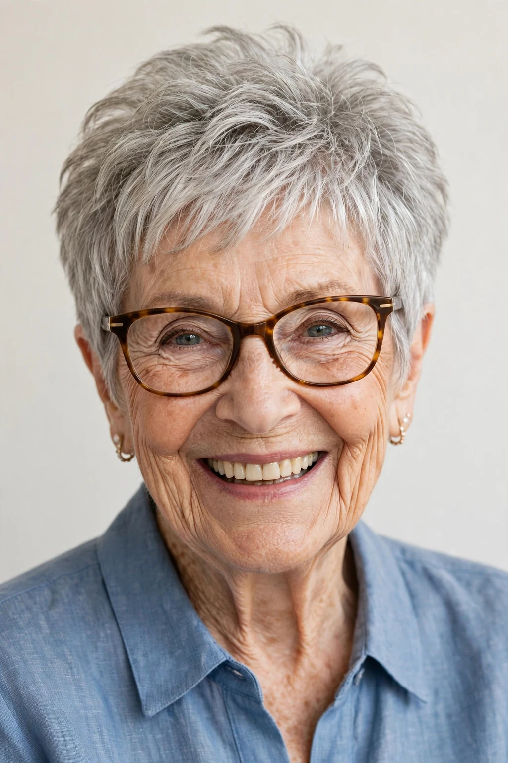 Elegant woman over 80 with glasses and bouncy pixie, lively full texture, joyful light.
