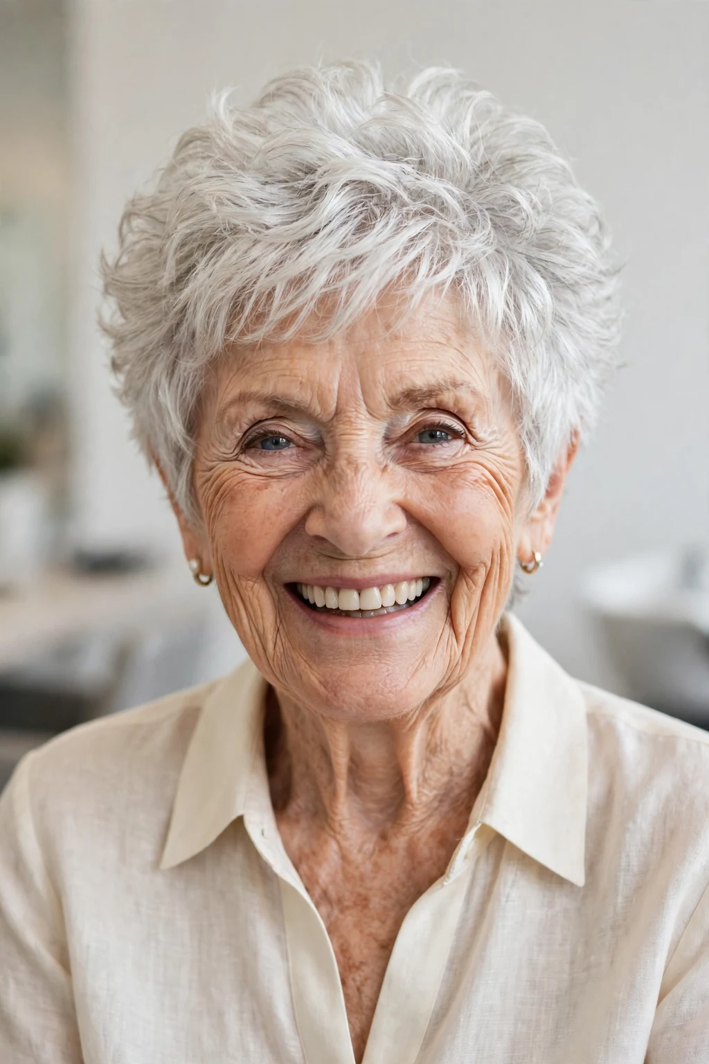 Elegant woman over 80 with bouncy pixie, lively full texture, joyful light.