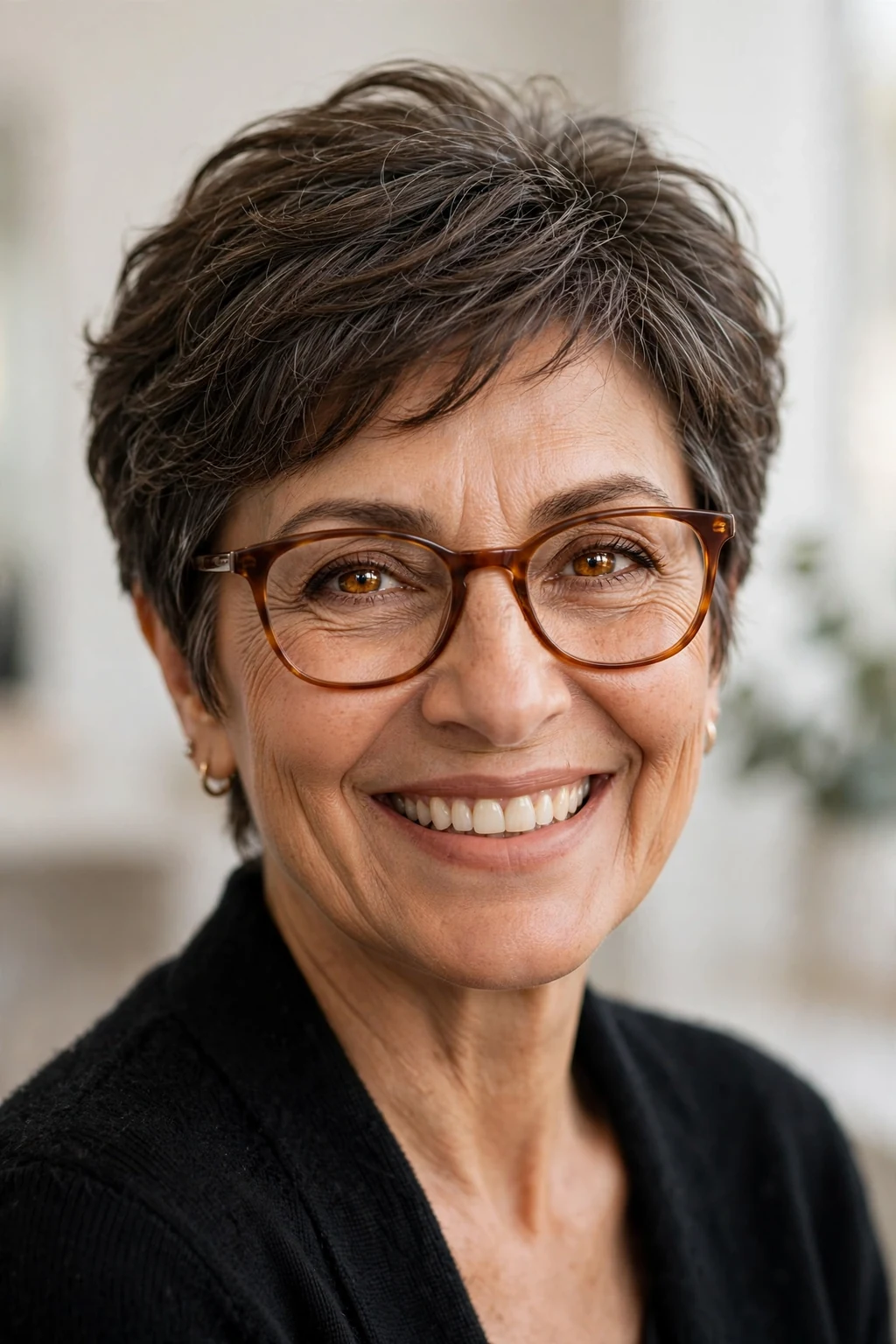 Elegant woman over 50 with fine hair and glasses and bouncy pixie, soft full texture, joyful light.