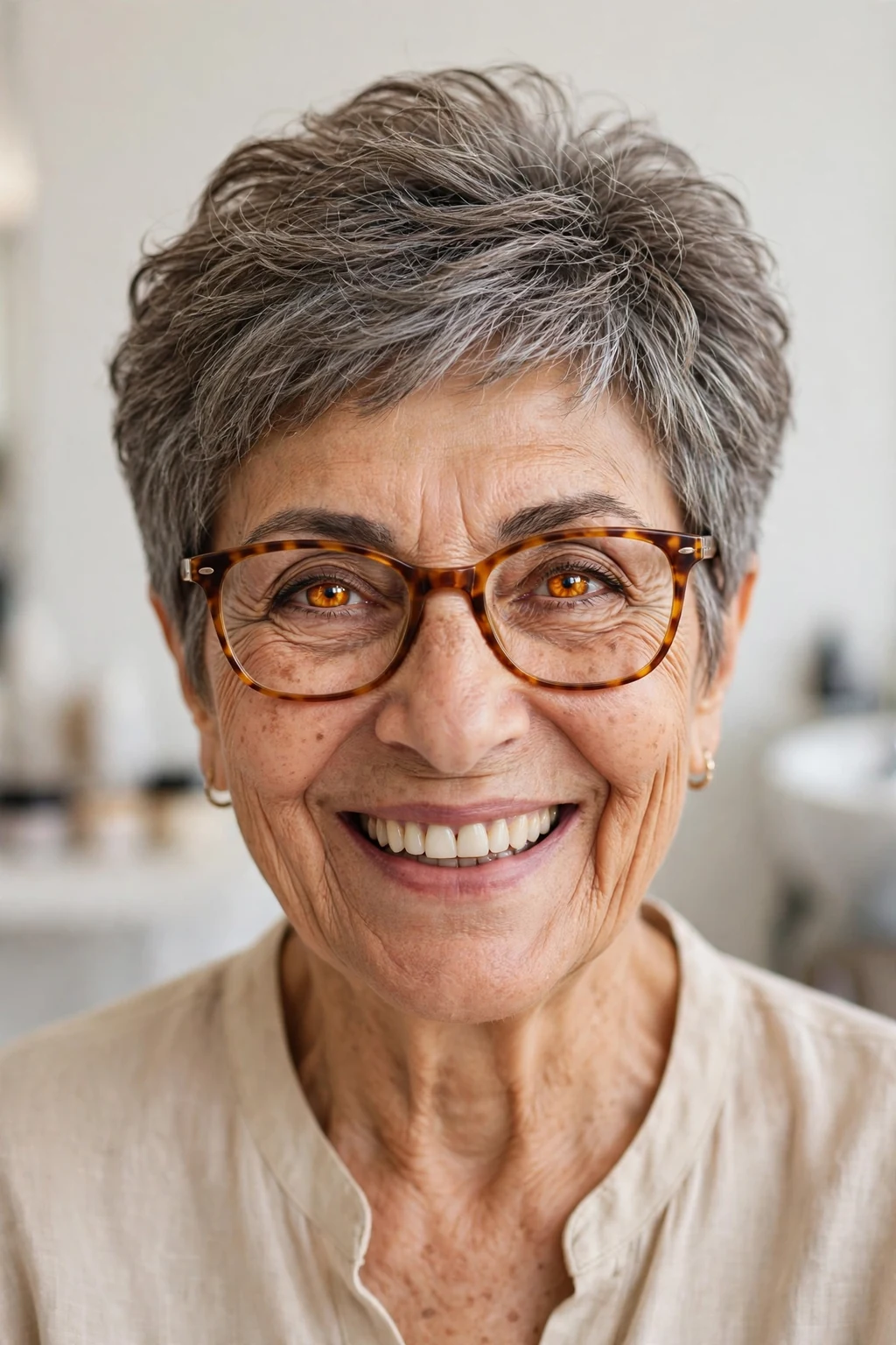 Elegant older woman with fine hair and glasses and bouncy pixie, soft full texture, joyful light.