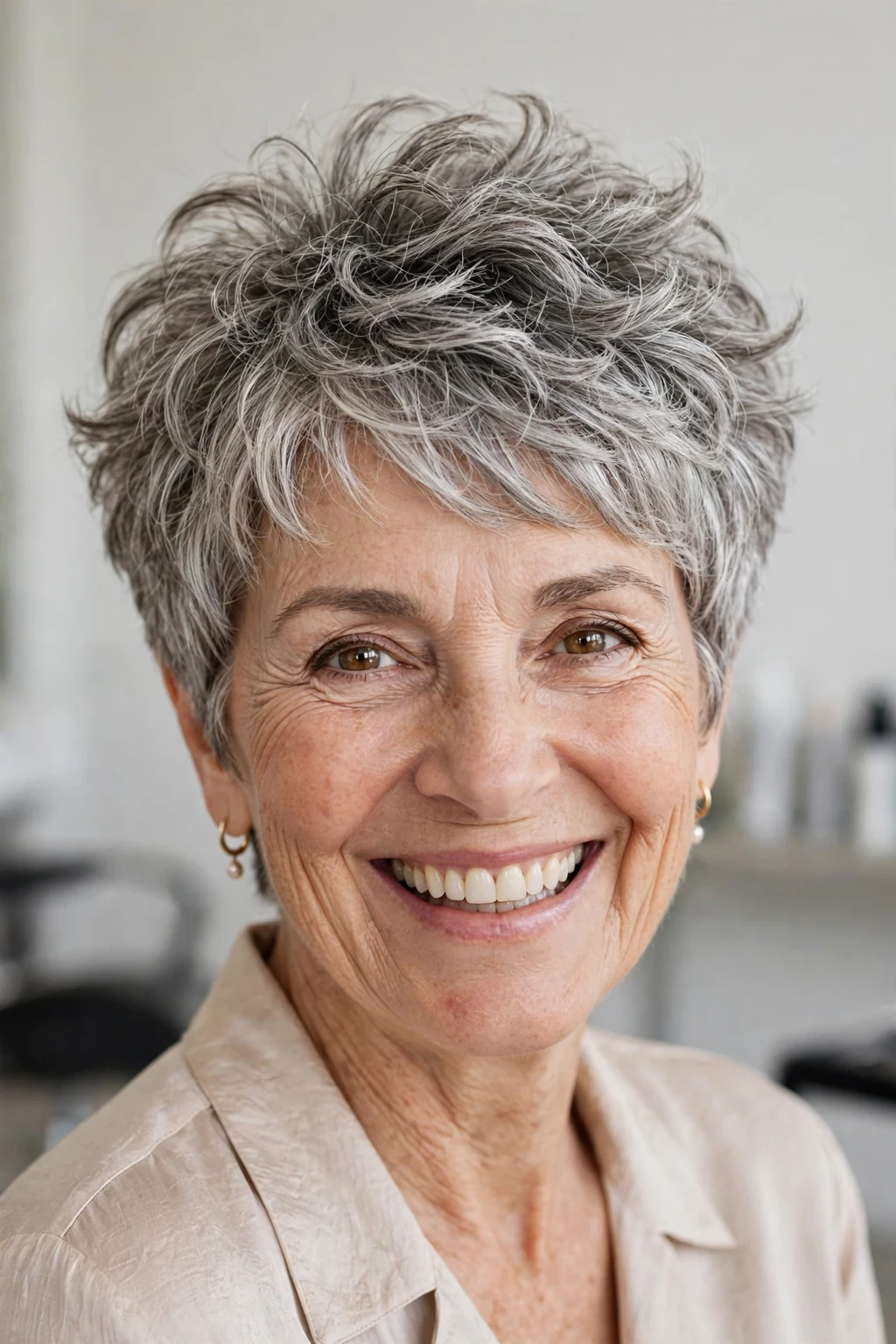 Elegant older woman with bouncy pixie, lively full texture, joyful light.