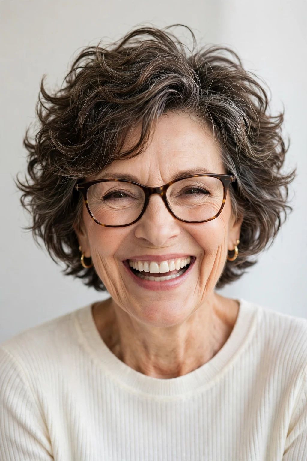 Elegant woman over 50 with glasses and bouncy short cut, lively full texture, joyful light.