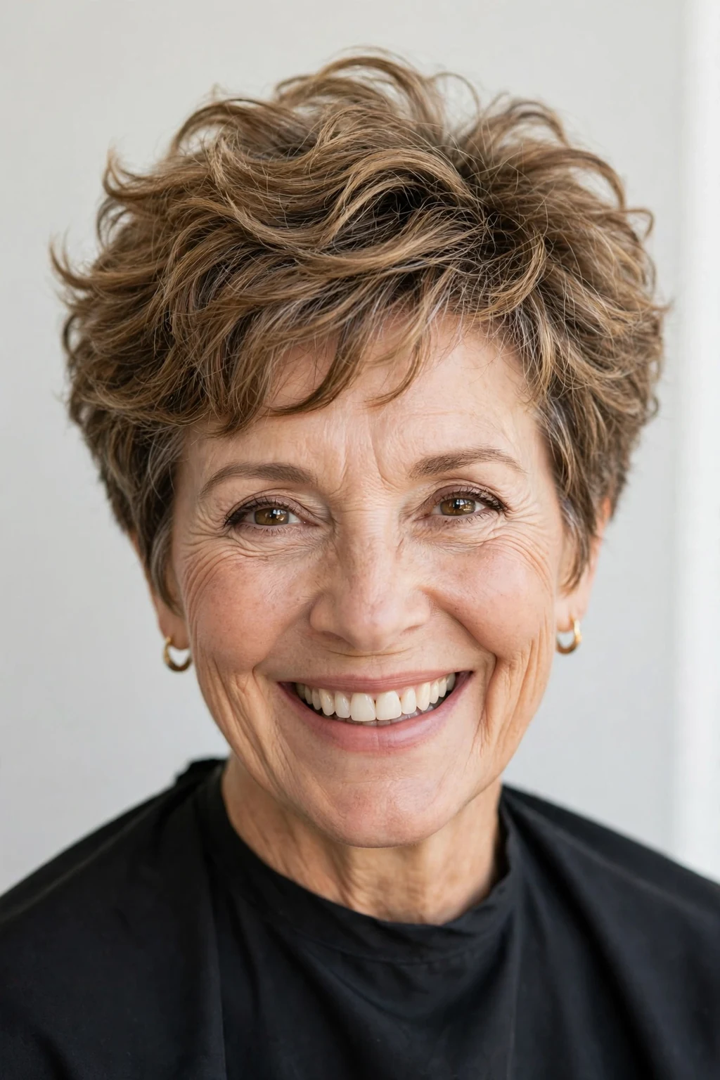 Elegant woman over 50 with bouncy short cut, lively full texture, joyful light.