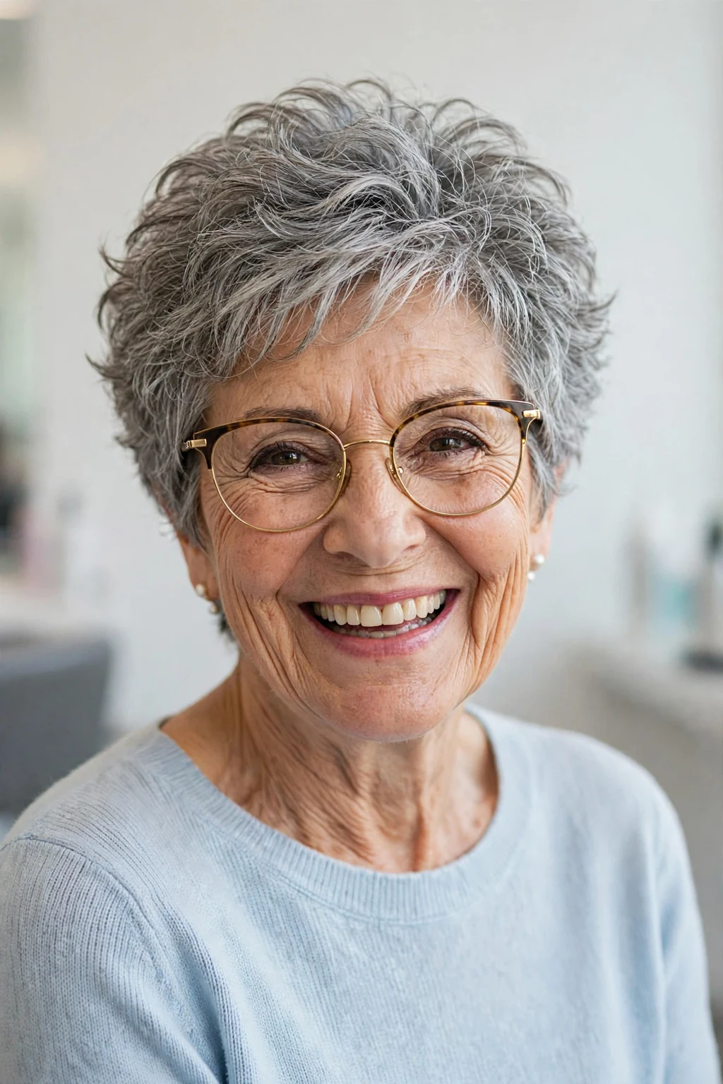 Elegant woman over 60 with glasses and bouncy short cut, lively full texture, joyful light.