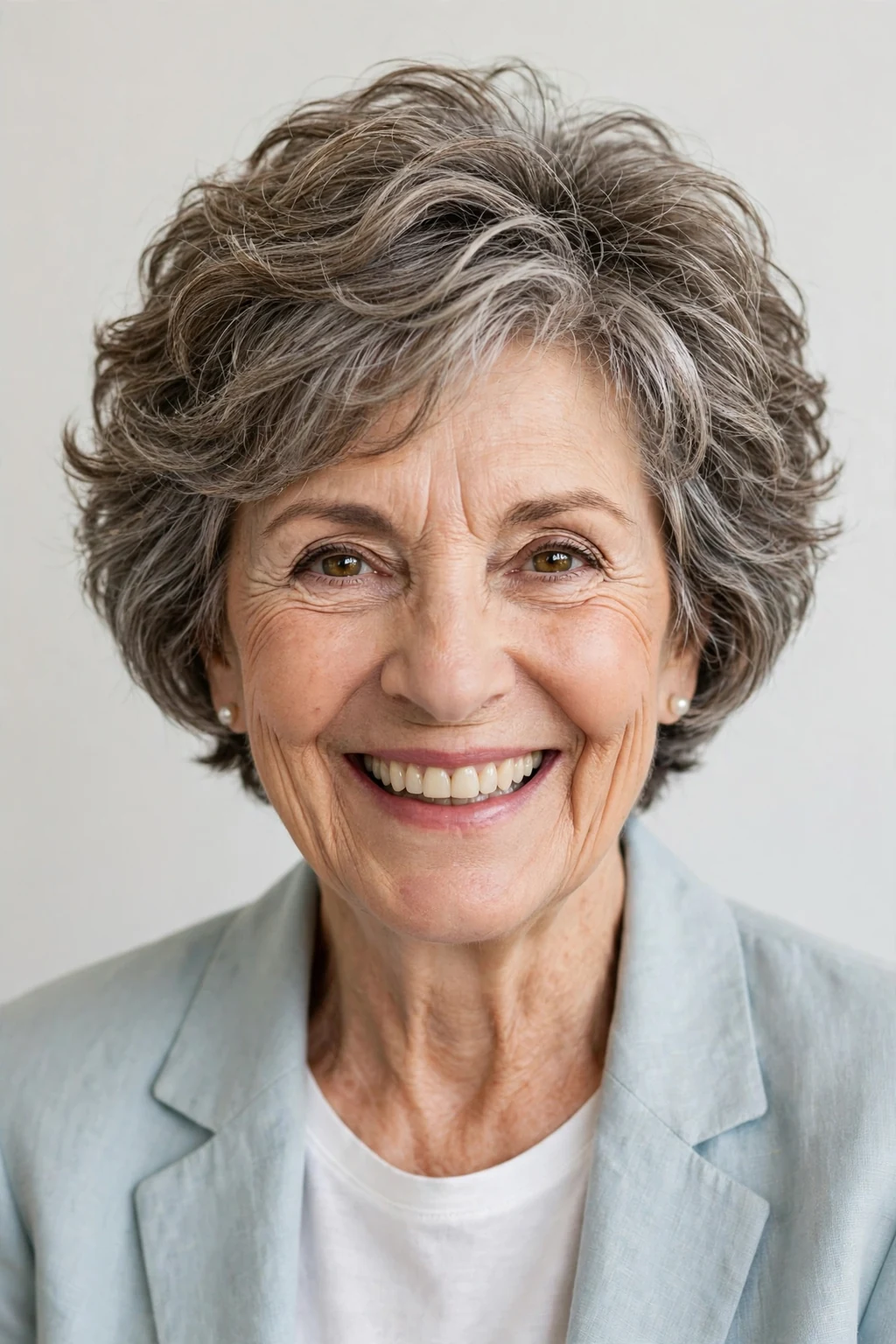 Elegant woman over 60 with bouncy short cut, lively full texture, joyful light.