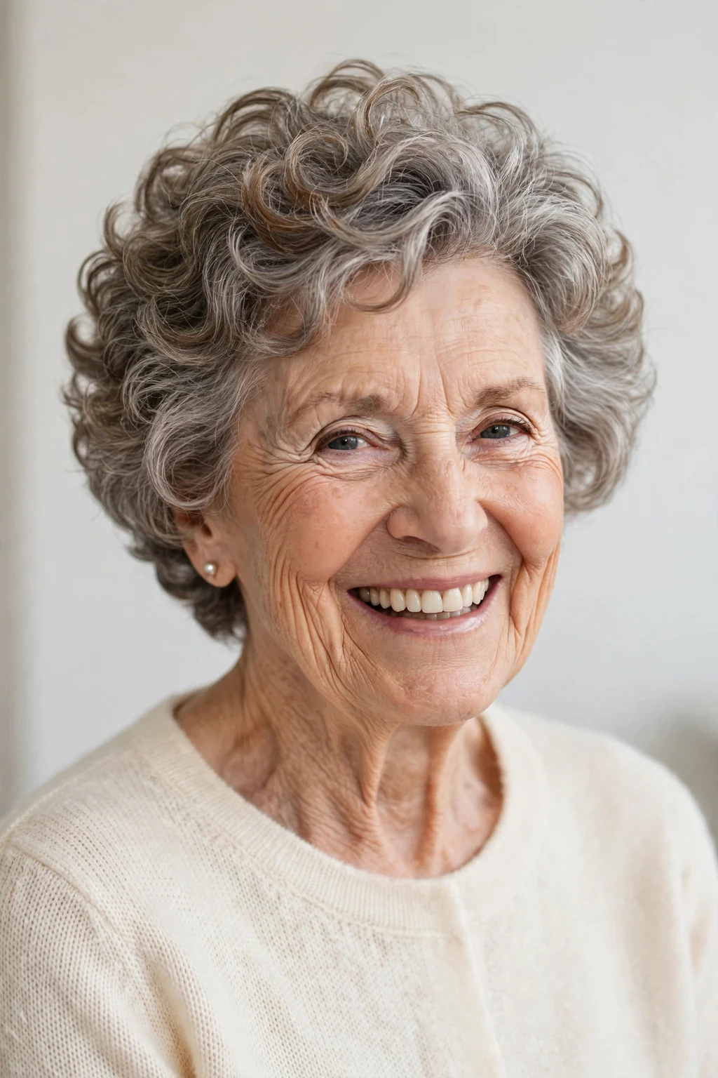 Elegant woman over 70 with bouncy short cut, soft full texture, joyful light.