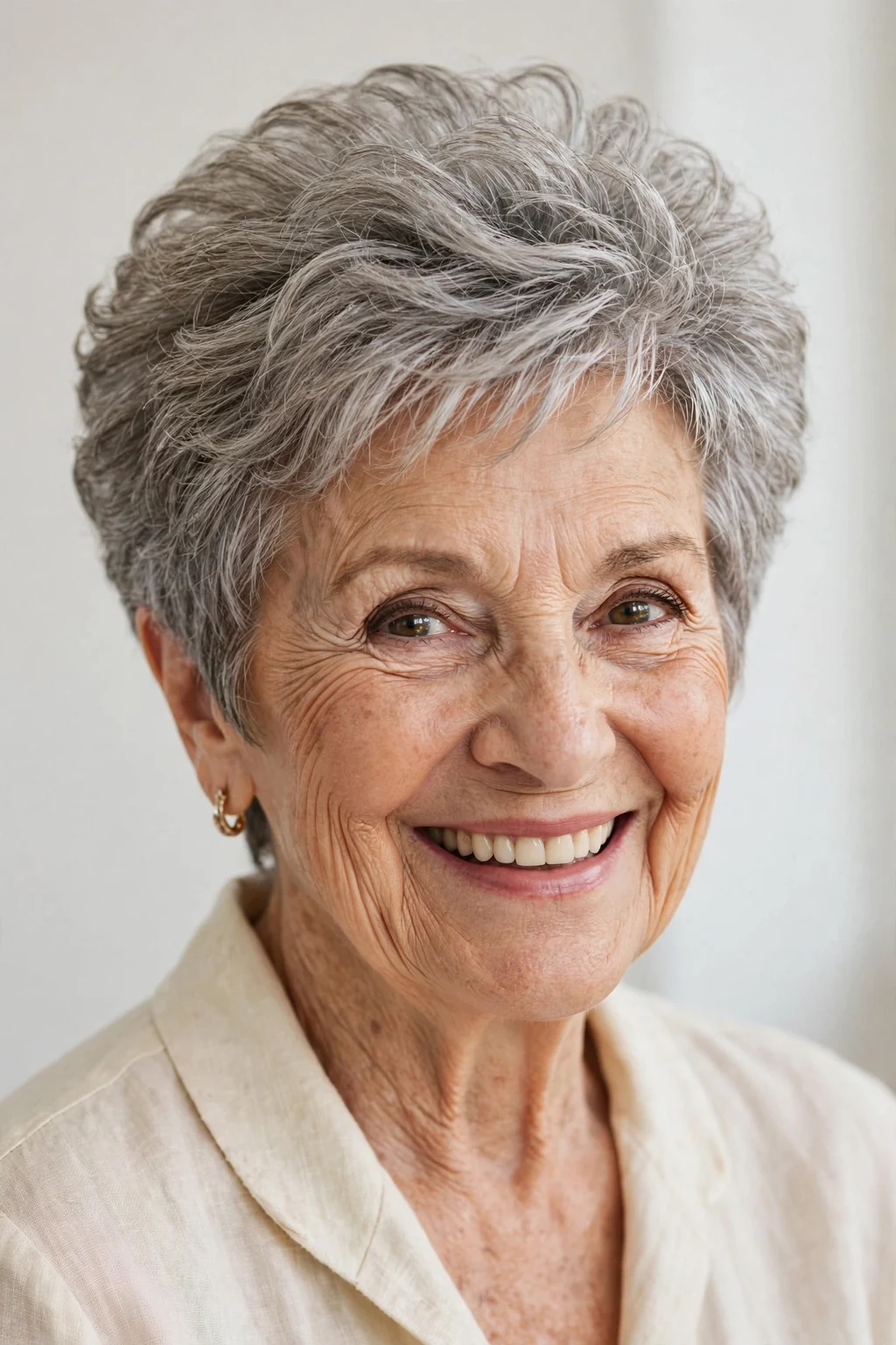 Elegant woman over 70 with bouncy short cut, lively full texture, joyful light.