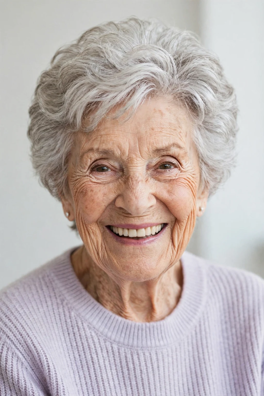 Elegant woman over 80 with bouncy short cut, soft full texture, joyful light.