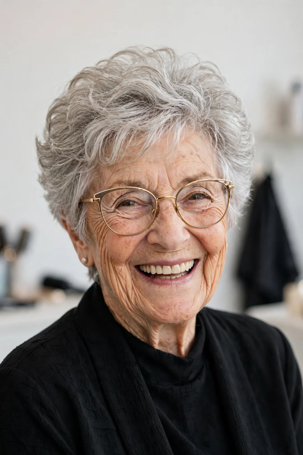 Elegant woman over 80 with glasses and bouncy short cut, lively full texture, joyful light.