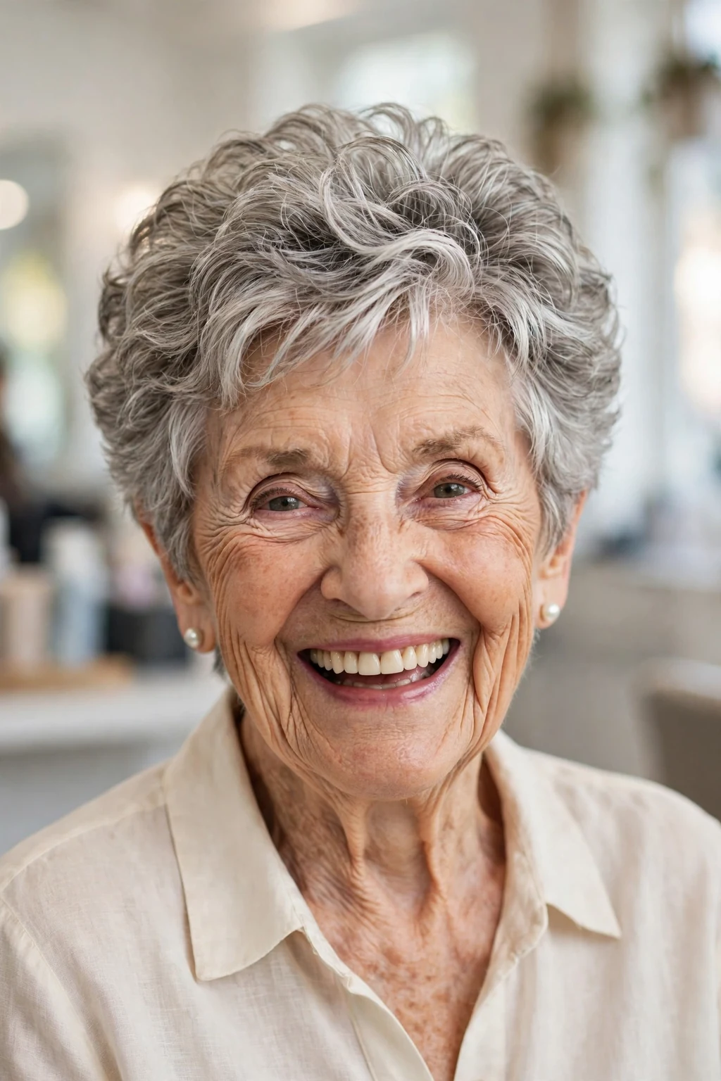 Elegant woman over 80 with bouncy short cut, lively full texture, joyful light.