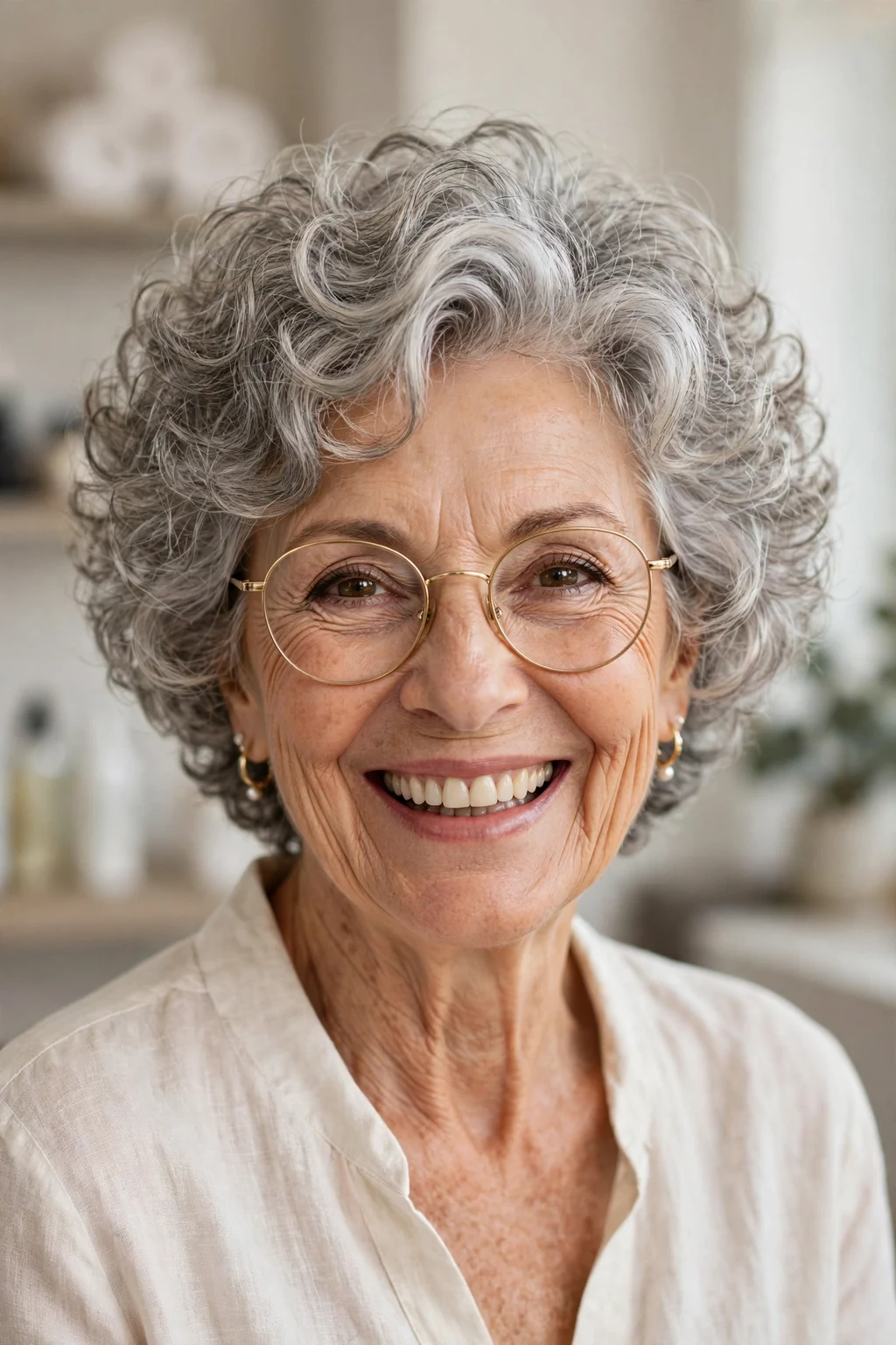 Elegant woman over 60 with glasses and bouncy short cut, soft full texture, joyful light.